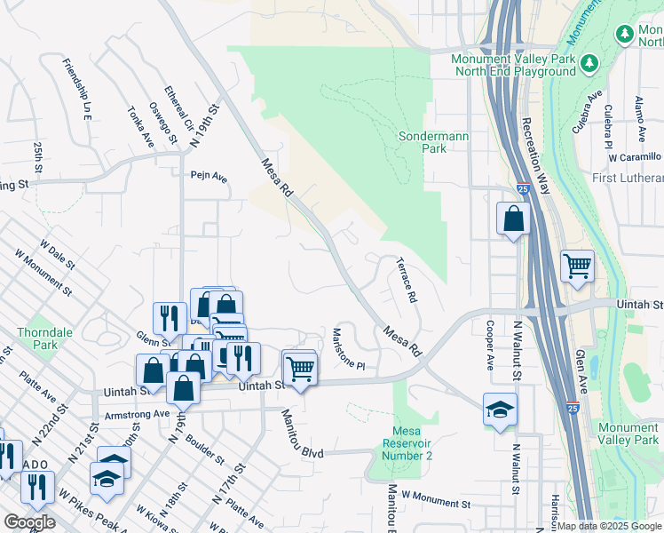map of restaurants, bars, coffee shops, grocery stores, and more near 1310 Mesa Road in Colorado Springs