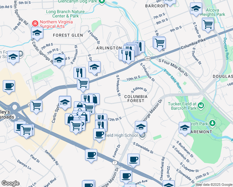 map of restaurants, bars, coffee shops, grocery stores, and more near 5203 10th Place South in Arlington