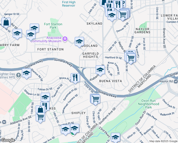 map of restaurants, bars, coffee shops, grocery stores, and more near 3113 24th Street Southeast in Washington
