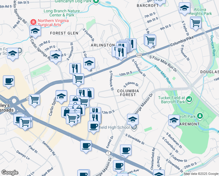 map of restaurants, bars, coffee shops, grocery stores, and more near 5203 10th Place South in Arlington