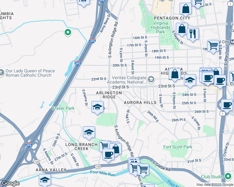 map of restaurants, bars, coffee shops, grocery stores, and more near 1257 South Oakcrest Road in Arlington