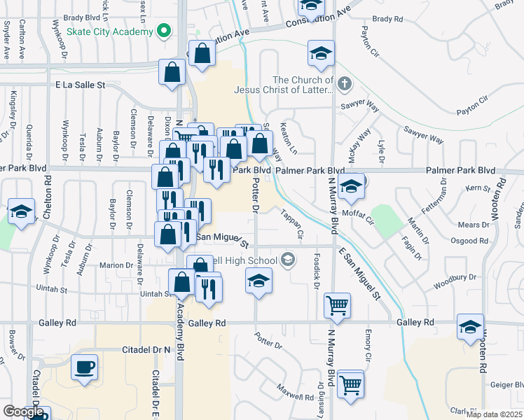 map of restaurants, bars, coffee shops, grocery stores, and more near 1401 Potter Drive in Colorado Springs