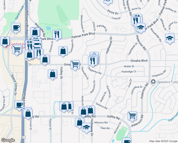 map of restaurants, bars, coffee shops, grocery stores, and more near 6359 Chippewa Road in Colorado Springs