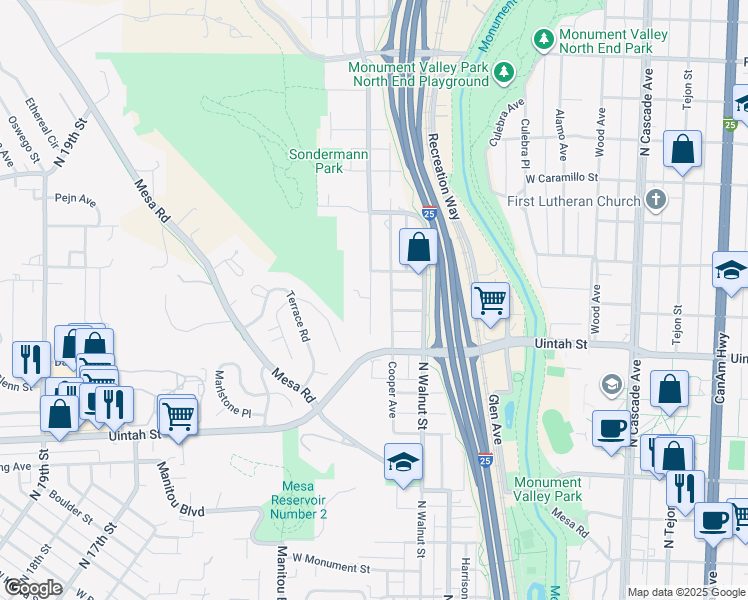 map of restaurants, bars, coffee shops, grocery stores, and more near 1320 Cooper Avenue in Colorado Springs
