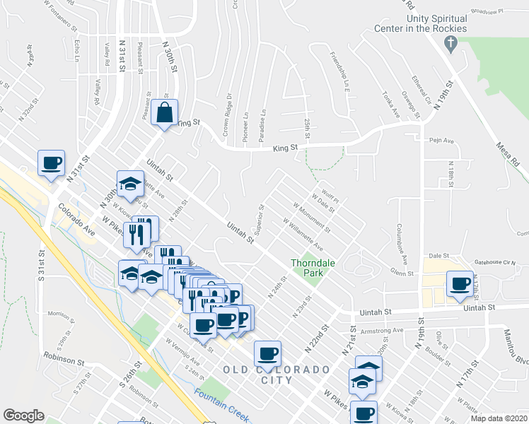 map of restaurants, bars, coffee shops, grocery stores, and more near 603 Superior Street in Colorado Springs