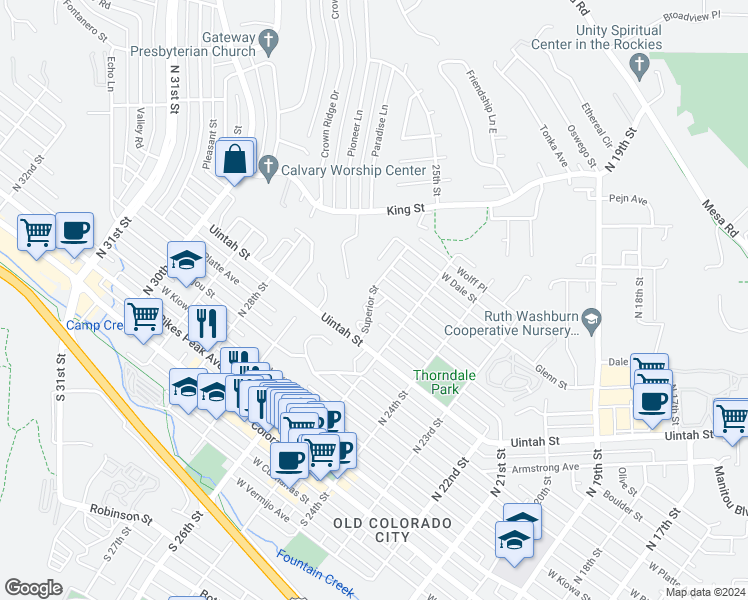 map of restaurants, bars, coffee shops, grocery stores, and more near 603 Superior Street in Colorado Springs