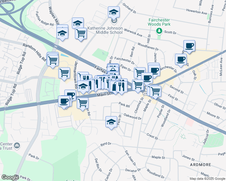 map of restaurants, bars, coffee shops, grocery stores, and more near 11096 Lee Highway in Fairfax