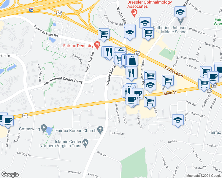 map of restaurants, bars, coffee shops, grocery stores, and more near 11322 Westbrook Mill Lane in Fairfax
