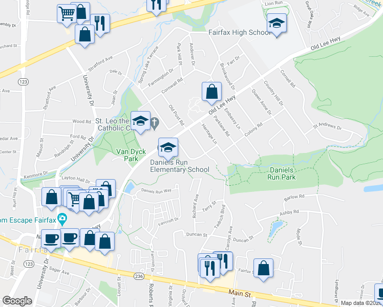 map of restaurants, bars, coffee shops, grocery stores, and more near 3612 Colony Rd in Fairfax