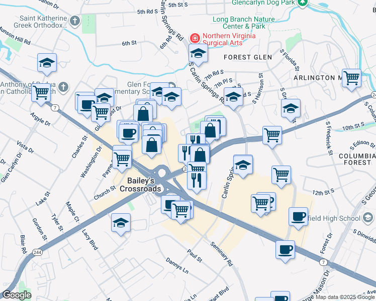map of restaurants, bars, coffee shops, grocery stores, and more near 3418 Spring Lane in Falls Church