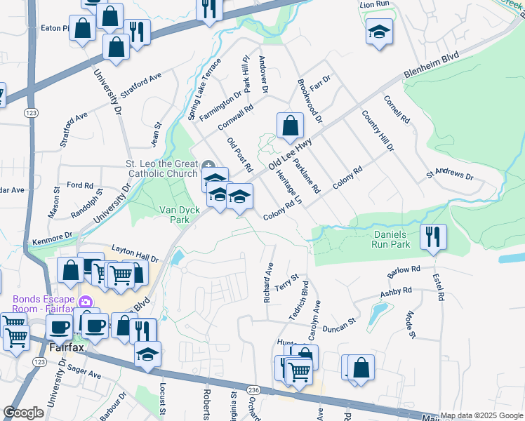 map of restaurants, bars, coffee shops, grocery stores, and more near 3612 Colony Rd in Fairfax