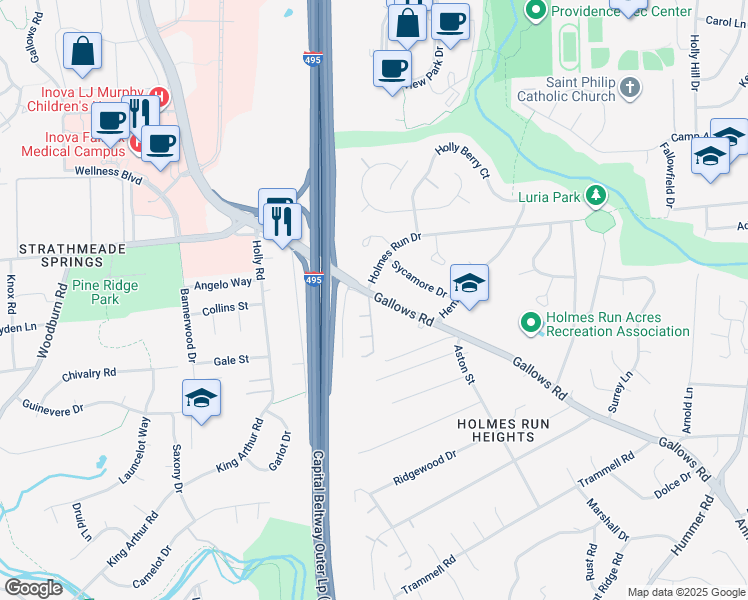 map of restaurants, bars, coffee shops, grocery stores, and more near 3400 Wheatwheel Lane in Annandale