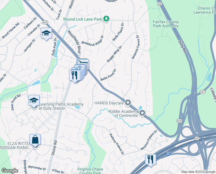 map of restaurants, bars, coffee shops, grocery stores, and more near 14411 Coachway Drive in Centreville