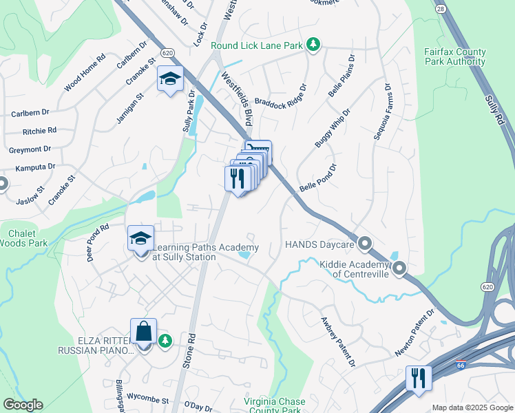 map of restaurants, bars, coffee shops, grocery stores, and more near 5570 Village Center Drive in Centreville