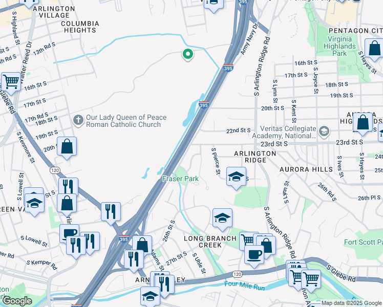 map of restaurants, bars, coffee shops, grocery stores, and more near 2314 South Rolfe Street in Arlington