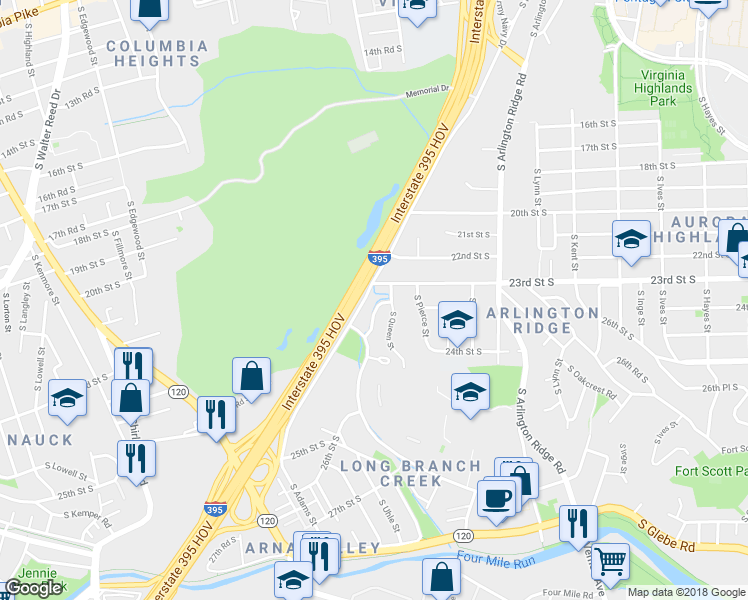 map of restaurants, bars, coffee shops, grocery stores, and more near 2314 South Rolfe Street in Arlington