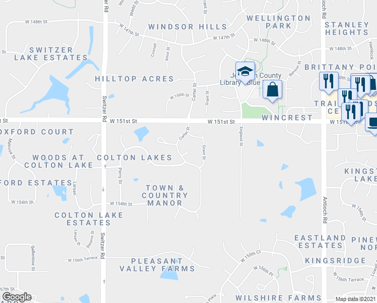 map of restaurants, bars, coffee shops, grocery stores, and more near 9506 West 152nd Court in Overland Park