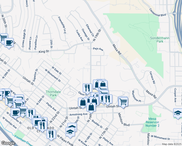 map of restaurants, bars, coffee shops, grocery stores, and more near 1903 West Yampa Street in Colorado Springs