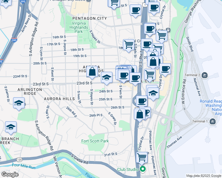 map of restaurants, bars, coffee shops, grocery stores, and more near 629 24th Street South in Arlington