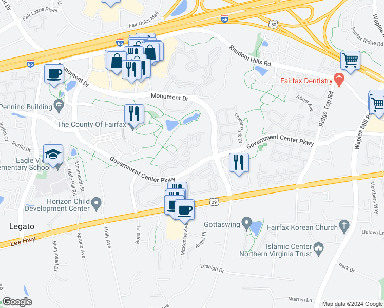 map of restaurants, bars, coffee shops, grocery stores, and more near 4317 Runabout Lane in Fairfax