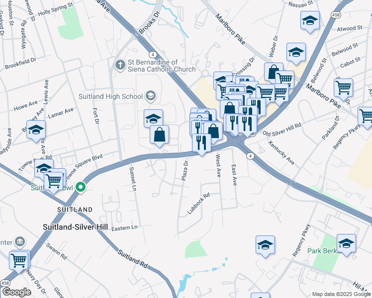 map of restaurants, bars, coffee shops, grocery stores, and more near 5028 Silver Hill Court in District Heights