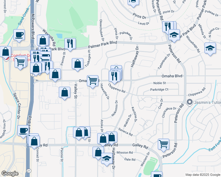 map of restaurants, bars, coffee shops, grocery stores, and more near 6359 Chippewa Road in Colorado Springs