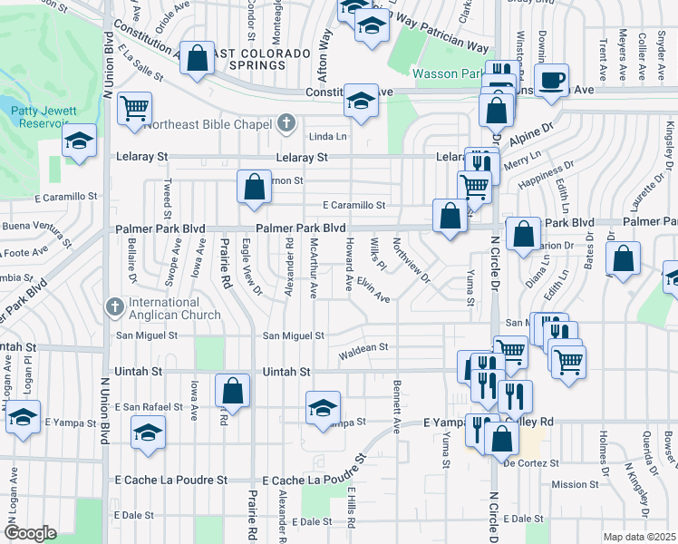 map of restaurants, bars, coffee shops, grocery stores, and more near 1441 Howard Avenue in Colorado Springs