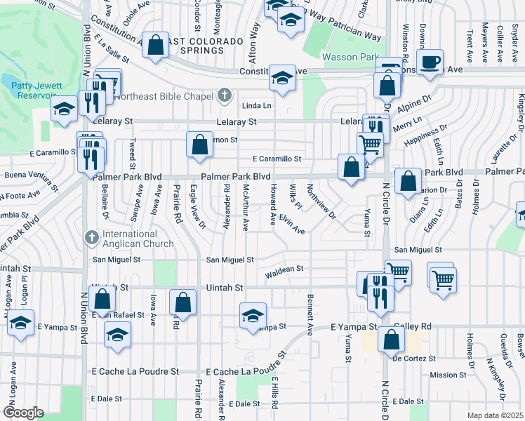 map of restaurants, bars, coffee shops, grocery stores, and more near 2504 East Buena Ventura Street in Colorado Springs