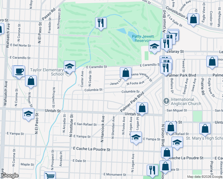 map of restaurants, bars, coffee shops, grocery stores, and more near 1211 Janes Lane in Colorado Springs