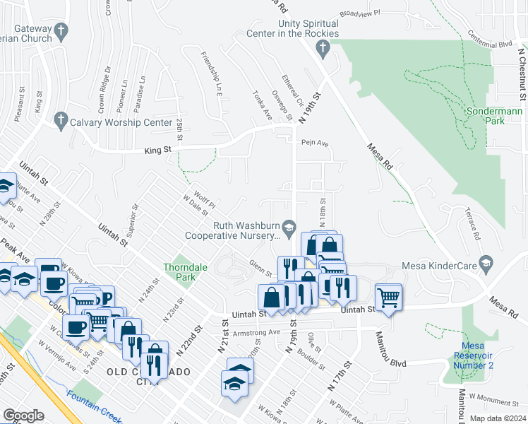map of restaurants, bars, coffee shops, grocery stores, and more near 980 Columbine Avenue in Colorado Springs