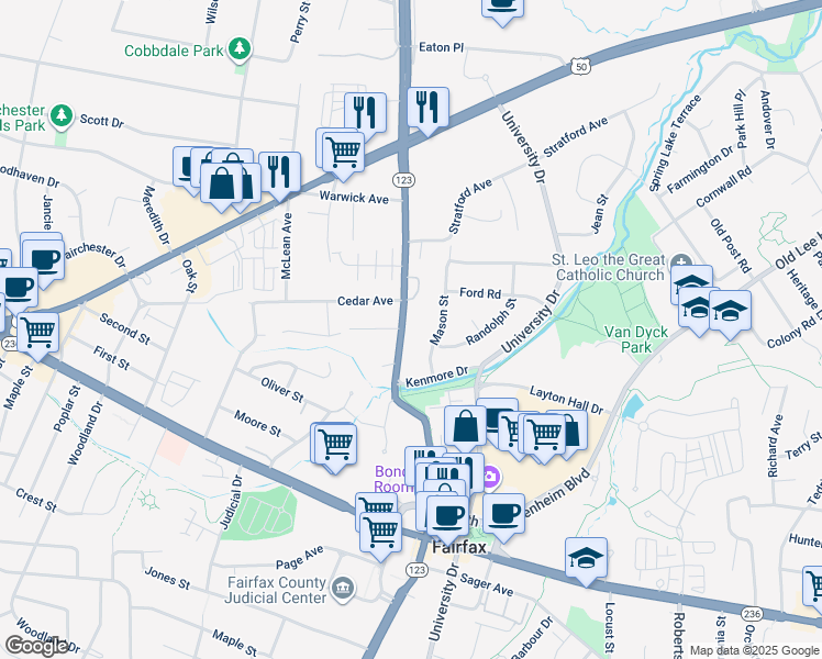 map of restaurants, bars, coffee shops, grocery stores, and more near 3739 Chain Bridge Road in Fairfax