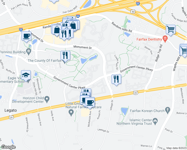 map of restaurants, bars, coffee shops, grocery stores, and more near 4317 Runabout Lane in Fairfax