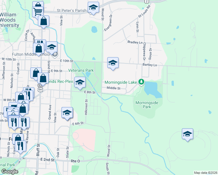 map of restaurants, bars, coffee shops, grocery stores, and more near 800-898 High Street in Fulton