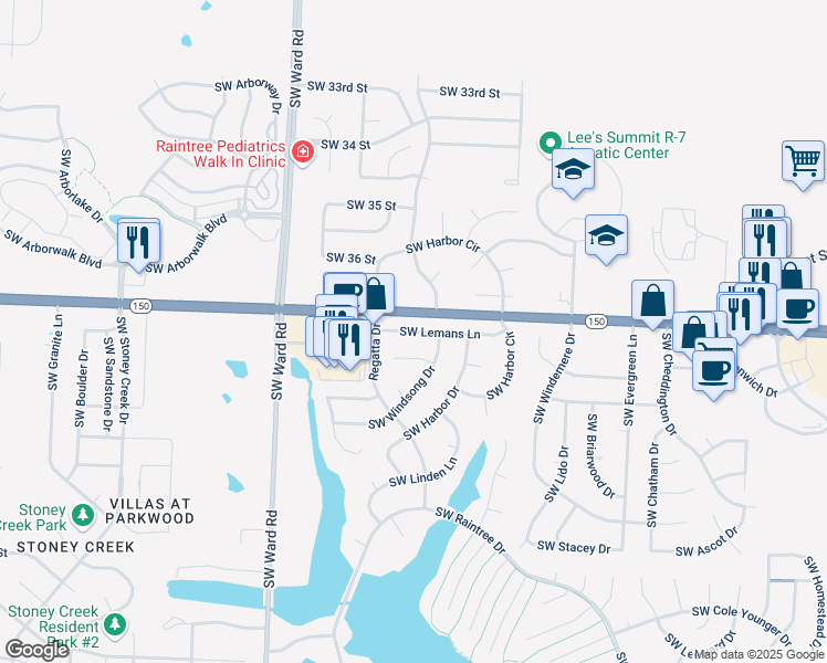 map of restaurants, bars, coffee shops, grocery stores, and more near 736 Southwest Lemans Lane in Lee's Summit