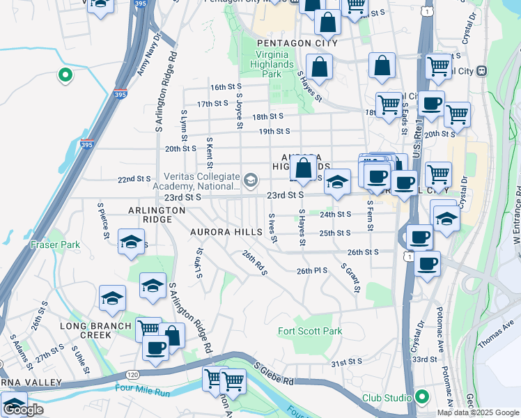 map of restaurants, bars, coffee shops, grocery stores, and more near 2315 South Inge Street in Arlington