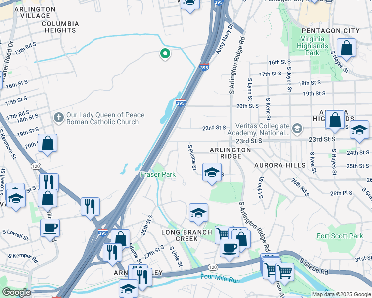 map of restaurants, bars, coffee shops, grocery stores, and more near 2306 South Pierce Street in Arlington