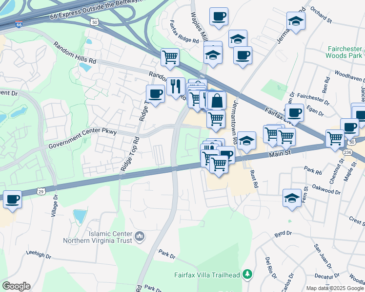 map of restaurants, bars, coffee shops, grocery stores, and more near 11322 Westbrook Mill Lane in Fairfax