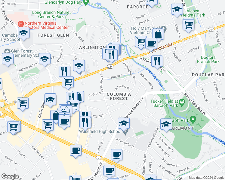 map of restaurants, bars, coffee shops, grocery stores, and more near 1064 South Edison Street in Arlington