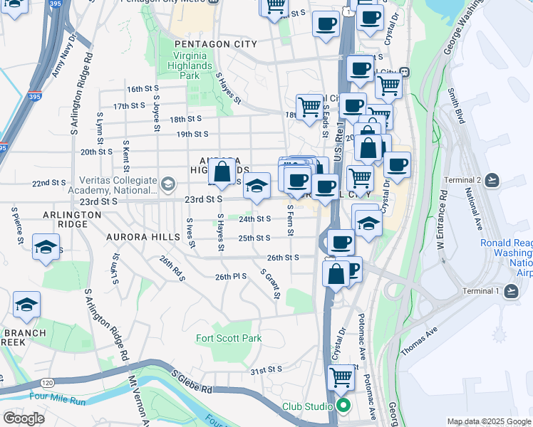 map of restaurants, bars, coffee shops, grocery stores, and more near 629 24th Street South in Arlington