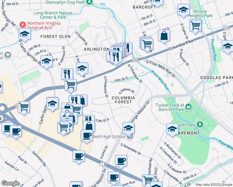 map of restaurants, bars, coffee shops, grocery stores, and more near 1064 South Edison Street in Arlington