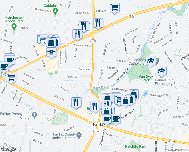 map of restaurants, bars, coffee shops, grocery stores, and more near 3739 Chain Bridge Road in Fairfax