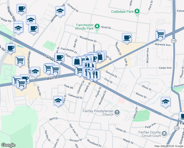 map of restaurants, bars, coffee shops, grocery stores, and more near 10937 Fairfax Boulevard in Fairfax