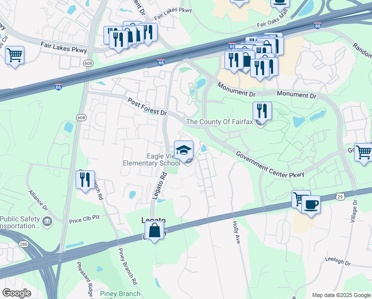 map of restaurants, bars, coffee shops, grocery stores, and more near 4500 Dixie Hill Road in Fairfax