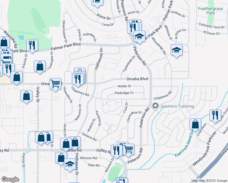 map of restaurants, bars, coffee shops, grocery stores, and more near 6665 Noble Street in Colorado Springs