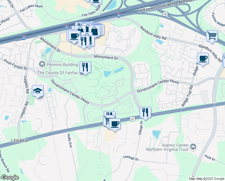map of restaurants, bars, coffee shops, grocery stores, and more near 11791 Rockaway Lane in Fairfax
