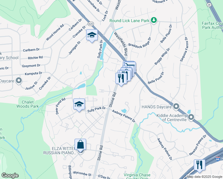 map of restaurants, bars, coffee shops, grocery stores, and more near 14600 Stone Range Drive in Centreville