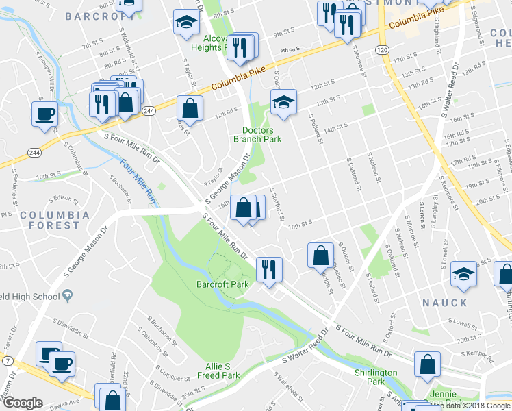 map of restaurants, bars, coffee shops, grocery stores, and more near 1625 South Taylor Street in Arlington