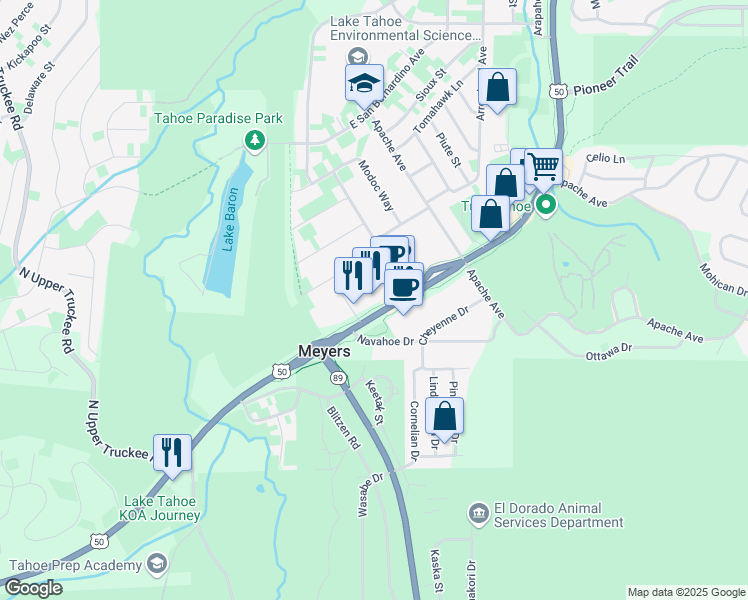 map of restaurants, bars, coffee shops, grocery stores, and more near 1078 Magua Street in South Lake Tahoe