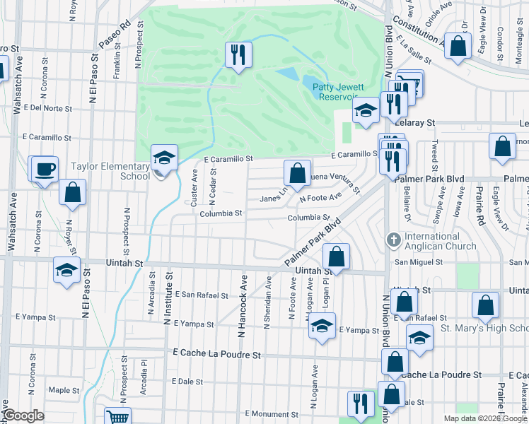 map of restaurants, bars, coffee shops, grocery stores, and more near 1211 Janes Lane in Colorado Springs