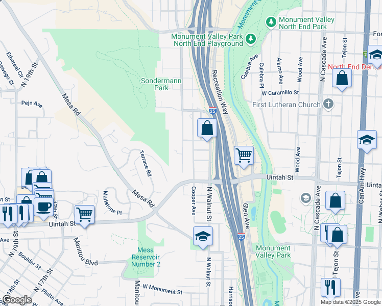 map of restaurants, bars, coffee shops, grocery stores, and more near 1320 Cooper Avenue in Colorado Springs